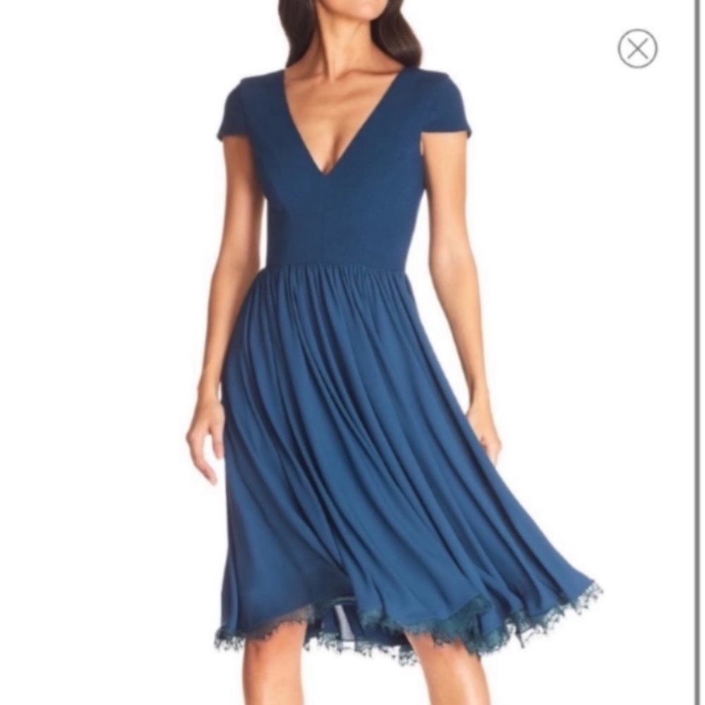 DRESS THE POPULATION Womens COREY DRESS V NECK CHIFFON Blue SIZE L LARGE.